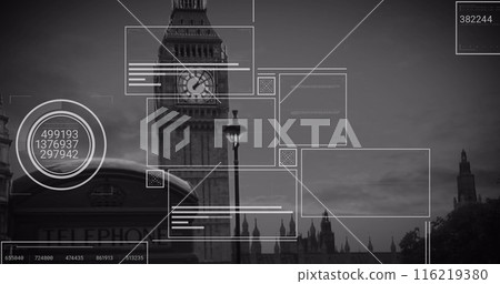 Image of interface with data processing against view of big ben tower Image of interface with data processing against view of big ben tower 116219380