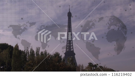 Image of world map and spinning globe against view of eiffel tower Image of world map and spinning globe against view of eiffel tower 116219402