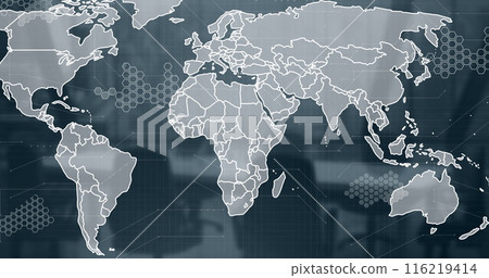 Image of world map and data processing against empty office 116219414