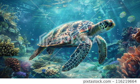 Vibrant Underwater Scene with Sea Turtle 116219664