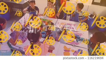 Image of icons over diverse schoolchildren painting 116219694
