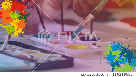 Image of colorful stains over diverse schoolchildren painting 116219695