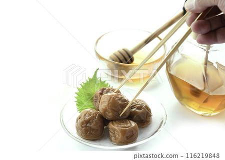 Kishu Nanko Plums Pickled in Honey (Honey Umeboshi) White Background 116219848