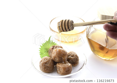 Kishu Nanko Plums Pickled in Honey (Honey Umeboshi) White Background 116219873