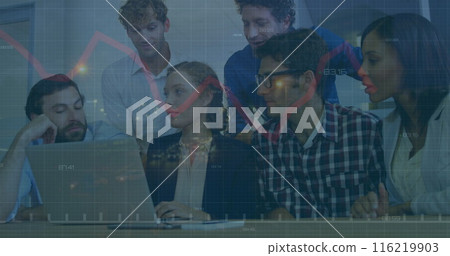 Image of graph over time-lapse of moving vehicles against diverse coworkers discussing reports 116219903
