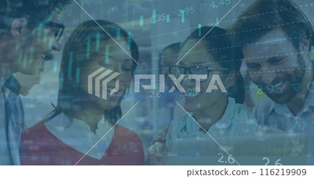 Image of multiple graphs and trading board over diverse coworkers discussing reports on laptop 116219909