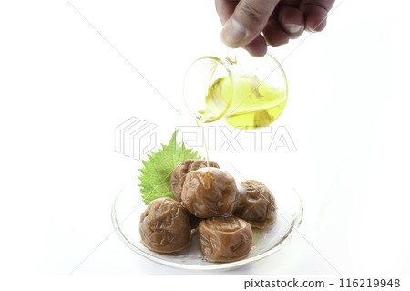 Kishu Nanko Plums Pickled in Honey (Honey Umeboshi) White Background 116219948