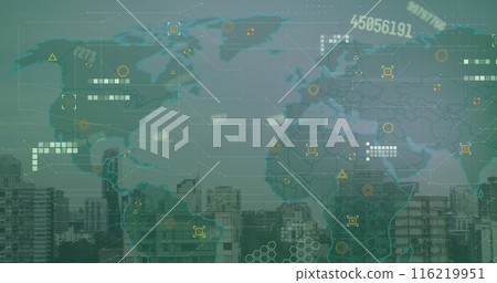 Image of financial data processing over map of world and cityscape Image of financial data processing over map of world and cityscape 116219951