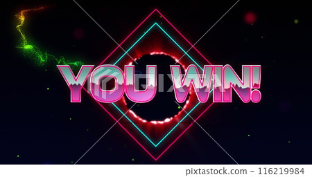 Image of you win text banner over colorful light trails and light spots against black background 116219984