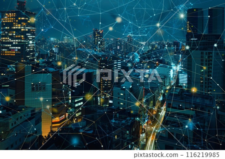 Modern network connecting buildings in a smart city at night 116219985