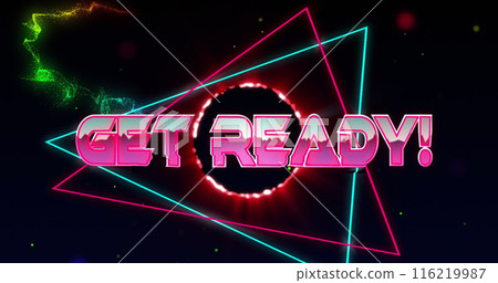 Image of get ready text over triangles over circles against wave pattern on abstract background 116219987