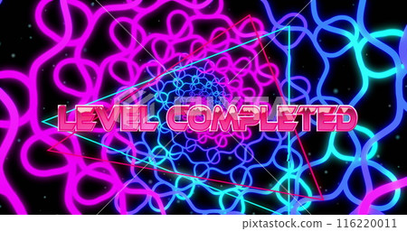Image of level completed text banner against tangled blue and purple light trails spinning Image of level completed text banner against tangled blue and purple light trails spinning 116220011
