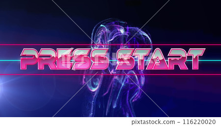 Image of press start text between lines over dynamic waves pattern on abstract background Image of press start text between lines over dynamic waves pattern on abstract background 116220020