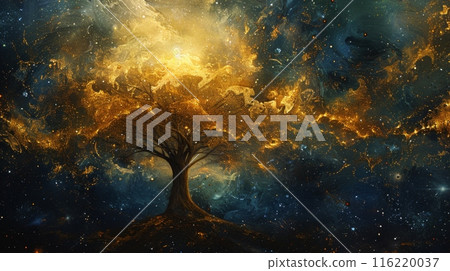 Golden tree connecting with the universe in a surreal sky Golden tree connecting with the universe in a surreal sky 116220037