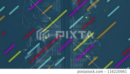 Image of multiple stripes moving diagonally over computer server Image of multiple stripes moving diagonally over computer server 116220061