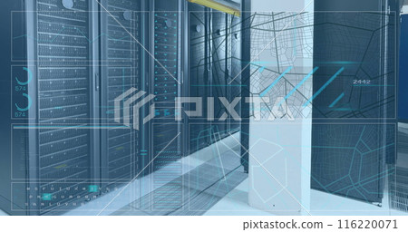Image of interface with data processing against computer server room Image of interface with data processing against computer server room 116220071