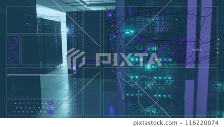 Image of interface with data processing against computer server room Image of interface with data processing against computer server room 116220074