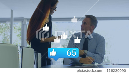 Image of digital icons over businessman on image call Image of digital icons over businessman on image call 116220090