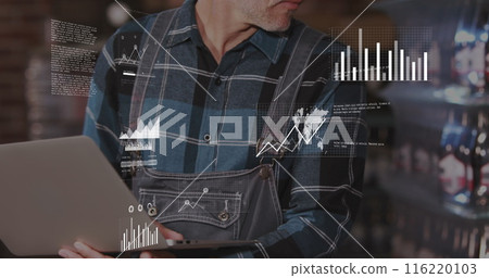 Image of data processing against caucasian male worker using laptop at warehouse Image of data processing against caucasian male worker using laptop at warehouse 116220103