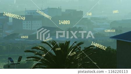 Image of multiple changing numbers against aerial view of cityscape Image of multiple changing numbers against aerial view of cityscape 116220113