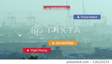 Image of social media text and icons over cityscape Image of social media text and icons over cityscape 116220135