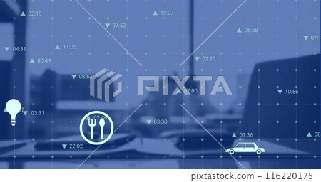 Image of multiple digital icons over grid network against office desk Image of multiple digital icons over grid network against office desk 116220175