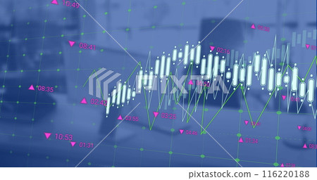 Image of data processing over grid network against office desk, copy space Image of data processing over grid network against office desk, copy space 116220188