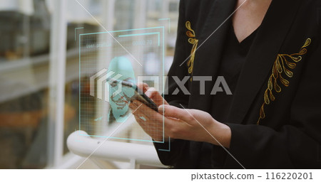 Image of people icons over caucasian businesswoman using smartphone 116220201