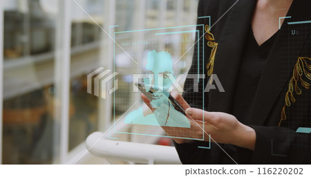 Image of people icons over caucasian businesswoman using smartphone Image of people icons over caucasian businesswoman using smartphone 116220202