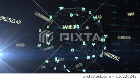 A digital interface and globe with medical icons, representing global connections and data processin A digital interface and globe with medical icons, representing global connections and data processin 116220242