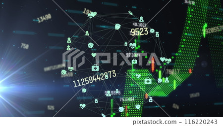 A digital interface and globe with medical icons, representing global connections and data processin A digital interface and globe with medical icons, representing global connections and data processin 116220243