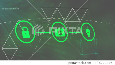 Image of data processing and shapes over network of connections with icons 116220246