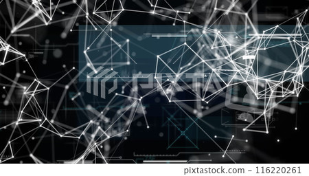 Image of data processing and shapes over network of connections with icons 116220261