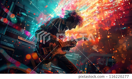 Musician playing electric guitar with passion on stage 116220277