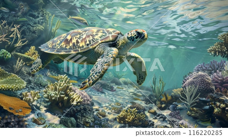 Sea Turtle Swimming Over Vibrant Coral Reef 116220285
