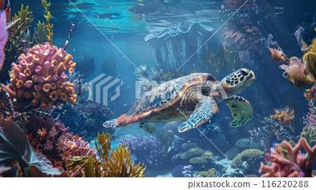 Sea Turtle Swimming Over Vibrant Coral Reef 116220288