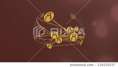 Image of network of profile icons over a globe against spots of light on grey background Image of network of profile icons over a globe against spots of light on grey background 116220337