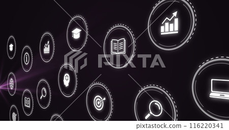 Image of business icons in circles over light trails Image of business icons in circles over light trails 116220341