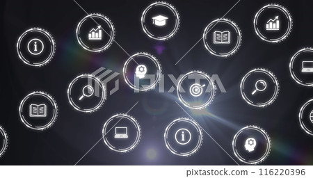 Image of multiple digital icons over rainbow lens flare against purple background 116220396