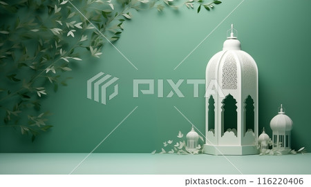 3d paper cut art illustration of lantern for ramadan kareem, eid al fitr and al adha mubarak greeting banner. islamic greeting cover card 116220406
