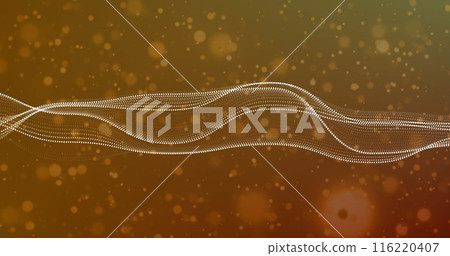 Image of digital wave and spots floating against yellow gradient background 116220407