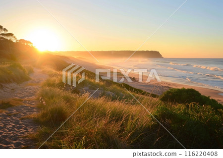 Vibrant sunrise over ocean waves on sandy beach 116220408
