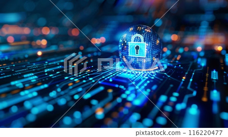 Cybersecurity Concept with Digital Locks and Binary Code 116220477