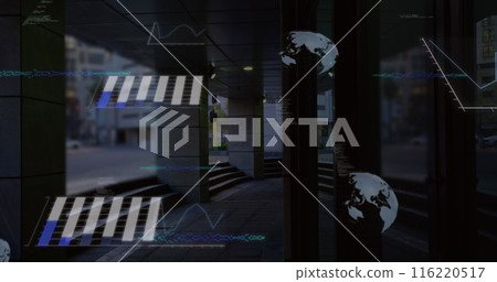 Image of globes and data processing over city, copy space 116220517