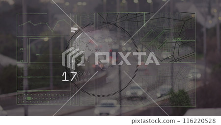 Image of globe and data processing over cityscape, copy space 116220528
