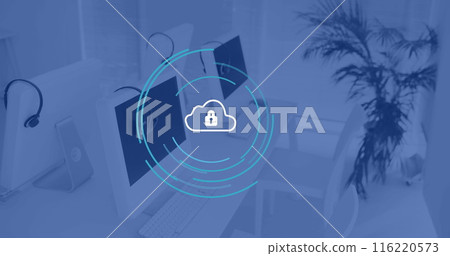 Image of cloud icon and scope over computers in office, copy space Image of cloud icon and scope over computers in office, copy space 116220573