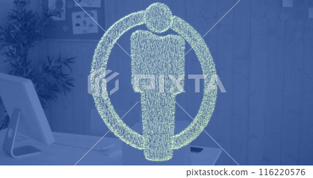 Image of people icon and scope over computer in office, copy space Image of people icon and scope over computer in office, copy space 116220576