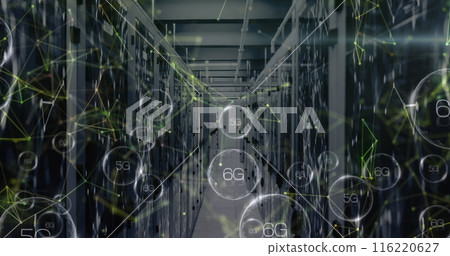 Image of shapes and 6g texts over server room, copy space Image of shapes and 6g texts over server room, copy space 116220627
