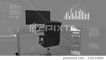 Image of data processing over office desk against grey background 116220660