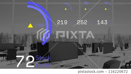 Image of stock market data processing against empty office 116220672